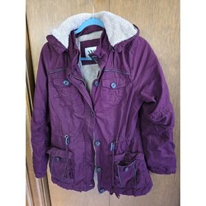 YMI Pea coat Jacket Womens Size M Burgundy Pockets Cotton Blend hooded